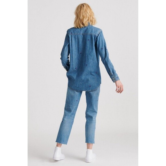 Lucky Brand Boyfriend Shirt Womens XS Denim Classic Chambray Floral Embroidery - Picture 3 of 16